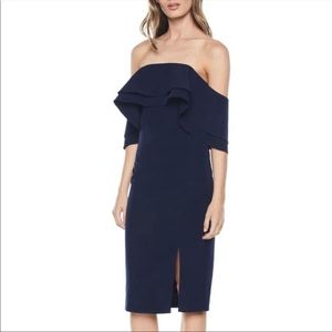 Flounced Crepe Off-the-Shoulder Sheath Dress